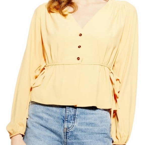 NWOT Topshop yellow button down shirt with waist tie bows‎ women's size 2 - Picture 1 of 16